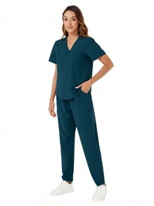 V-Neck Top & Straight Pants Scrub Uniforms Nurse Set - Navy Blue - View 4