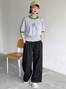 FRIFUL Women's Casual Solid Color Wide Leg Cargo Pants - Black - View 2