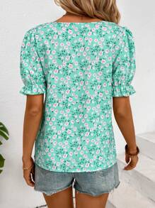 Chiquease Floral Print Square Neck Puff Sleeve Blouse - Green - View 2