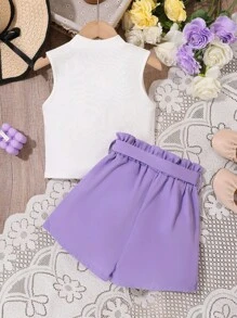 SHEIN Conjunto de 2 piezas para niña preadolescente de verano informal con top de unicolor y pantalones cortos con cintura de bolsa de papel