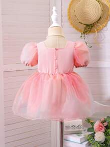 Vestido de Malha Fofa com Manga Bufante para Meninas Bebês - Rosa - Ver 2