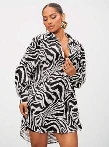 SHEIN SXY Women's Spring/Summer Loose Fit Casual Shirt With Zebra Print Long Sleeves