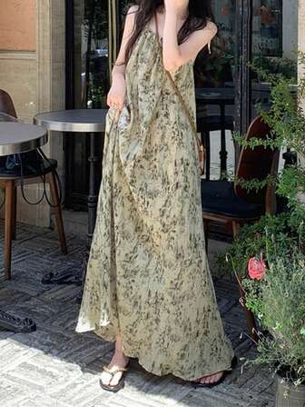 여성용 올오버 프린트 여름 스파게티 스트랩 드레스