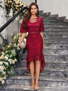 Vestido Elegante de Verão para Mulheres, Gola Redonda, Manga Godê, Renda de Contraste, Barra de Sereia, Ajustado, Vestido para Festa, Vestido de Convidado de Casamento, Vestido de Formatura