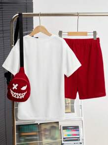 SHEIN Tween Boys' Extended Size Leisure Solid Color Round Neck Short Sleeve T-Shirt, Printed Shorts And Backpack Knit Three-Piece Suit - Multicolor - View 2