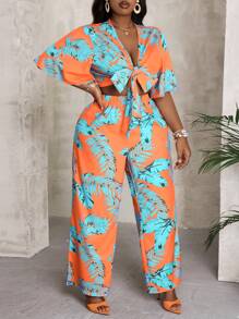 Slaydiva Conjunto de dos piezas para mujer con estampado tropical de plantas y lazo con banda elástica en tamaño grande para vacaciones, con camisa y pantalones - Naranja - Ver 4
