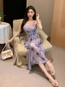 DAZY 女士时尚扎染印花吊带连衣裙舞会礼服优雅女士连衣裙花卉 - 紫色 - 查看 2