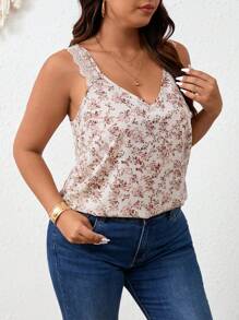 SHEIN Frenchy Plus Size Boho Summer New Floral Print Contrast Lace Tank Top