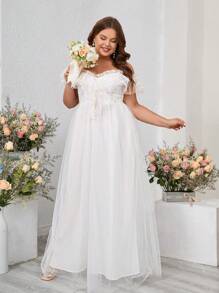 SHEIN Belle Exaggerated Ruffle Off-Shoulder Romantic Elegant Plus-Size Evening Dress (Heavy Version) Plus Size White Formal Prom Wedding Guest Gown, For Graduation, Dinner - White - View 6