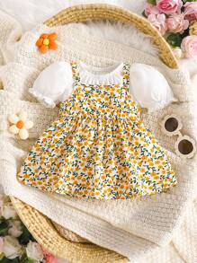 SHEIN Newborn Baby Girl Cute And Sweet Puff Short Sleeve Plain Top + Floral Suspender Skirt Set Suitable For Summer - Yellow - View 7