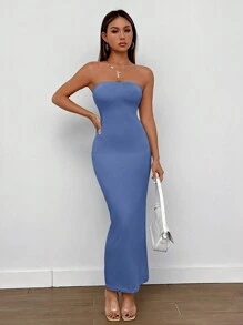 SHEIN PETITE Split Back Tube Summer Women Outfit Dress - Blue - View 3