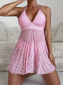 SHEIN Swim Đồ bơi đi biển màu trơn dành cho nữ có dây đeo cổ, 2 chiếc, kèm theo quần lót tam giác - Hồng - Xem 4