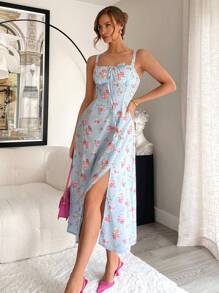 Siren Gaze Vintage Garden Queue Patterned Square Neckline Sleeveless Ladies' Dress With Floral Bustier, Spring/Summer Vacation Flower Blue Beach - Baby Blue - View 4