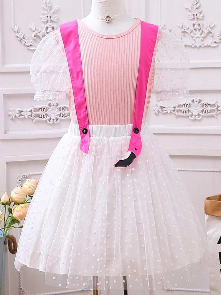 Tween Girl Elegant Polka Dot Mesh Puff Sleeve Top And Suspender Skirt Set With Color Block Design, Summer