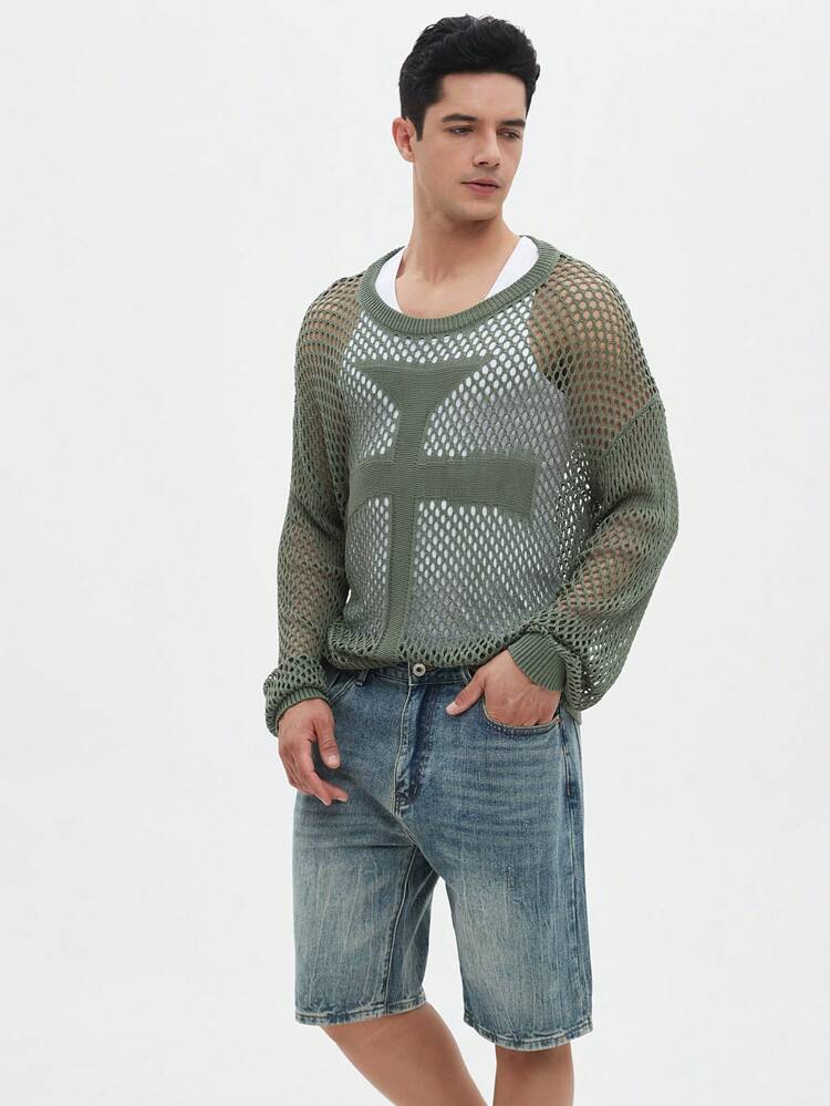 Men's Spring/Summer Casual Solid Color Hollow-Out Knitted Long Sleeve See-Through Sweater