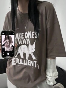 DAZY 女士動物印花寬鬆街頭風短袖T恤 - 棕色 - 查看 4
