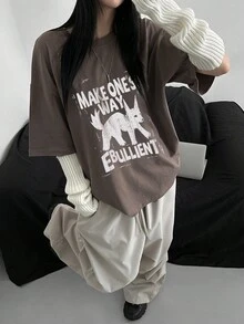 DAZY 女士動物印花寬鬆街頭風短袖T恤 - 棕色 - 查看 5