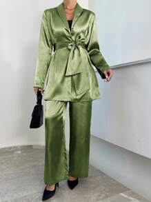 RueChic Women's Shiny Long Blazer And Pants Set - Khaki - View 5