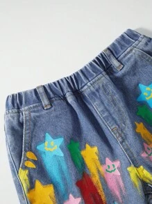 SHEIN Jean ample décontracté de couleur imprimé étoile pour garçon jeune, sac leger, à la mode pour quotidien et été, vêtements d'été mignons pour l'école - Bleu azur - Voir 5