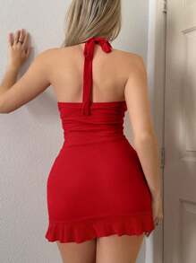 Sweetina Y2k Summer Halter Neck Tie, Ruffle Edge, Sheer Mesh Wrap Mini Pink Dress - Red - View 2