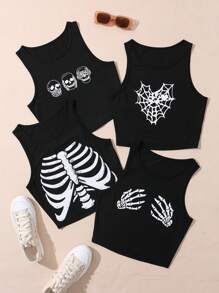INAWLY Plus Size Summer Fashion Halloween Rock Punk Skeleton Printed Crop Tank Top Graphic Tees Women Tops