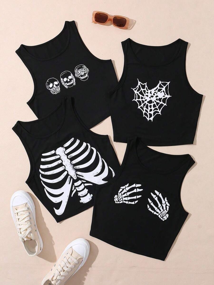 INAWLY Plus Size Summer Fashion Halloween Rock Punk Skeleton Printed Crop Tank Top Graphic Tees Women Tops