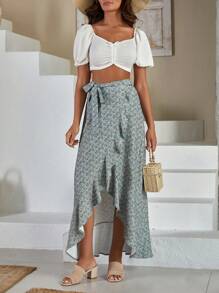 SHEIN Cottnline Váy quấn xòe viền in kỹ thuật số chi tiết dành cho nữ - Màu be - Xem 4