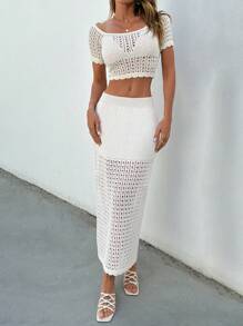 EURMUSE 2pcs Beach Hollow Out Crochet Cover-Up Set For Summer Vacation - Beige - View 1