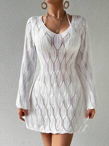 SHEIN Swim Hollow Knitted Beach Cover-Up Dress With Drawstring Back And Flare Sleeves, Solid Color, Vacation Style,Summer Beach