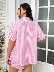 SHEIN EZwear Women's Plus Size Striped Heart Printed Top With Embroidered Shorts 2pcs/Set - Multicolor - View 2