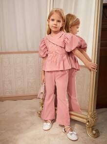 SHEIN Young Girls Solid Color Simple Large Cuff Top Solid Color Pants  2-Piece Outfit Set - Multicolor - View 1