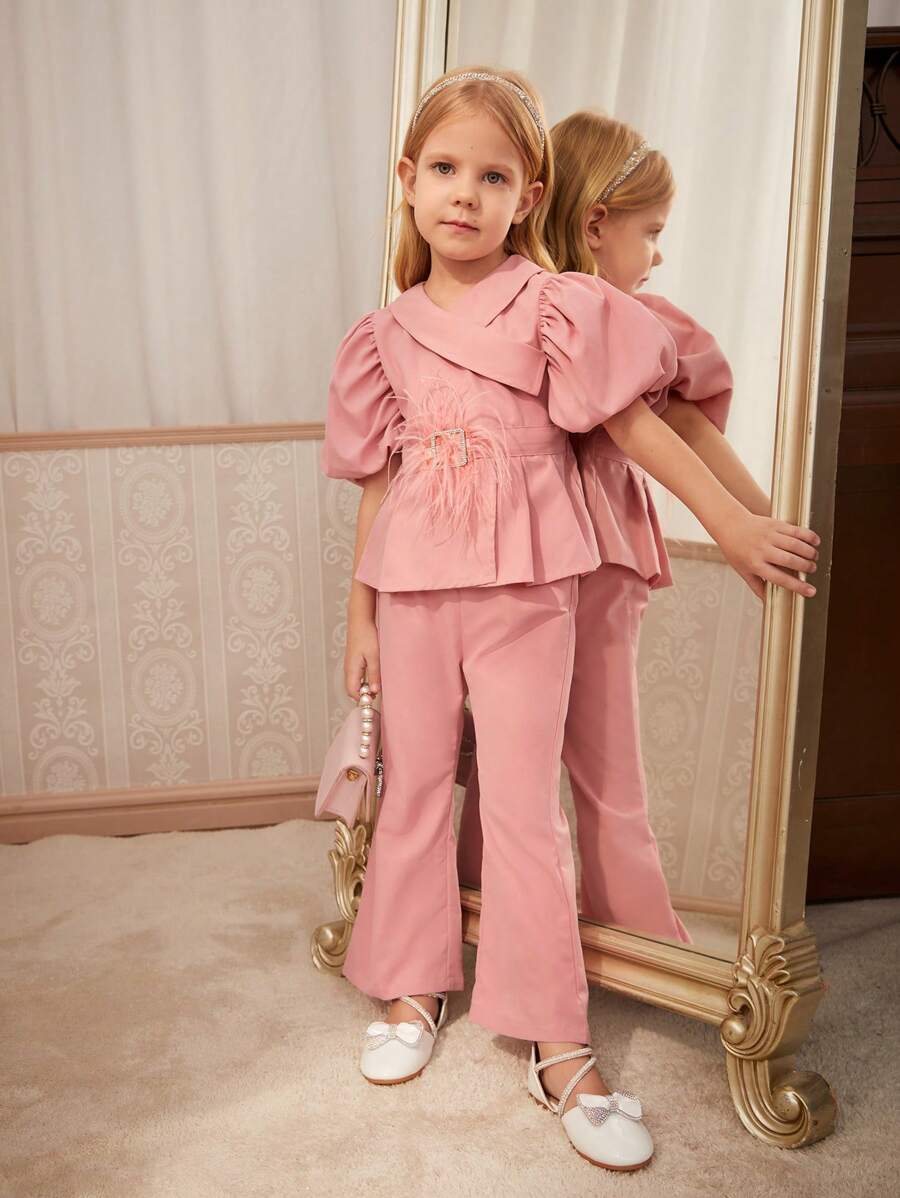SHEIN Young Girls Solid Color Simple Large Cuff Top Solid Color Pants  2-Piece Outfit Set - Multicolor - View 1