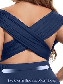 Plus Size Solid Color Off-Shoulder Ruched Criss-Cross Back Dress - Blue - View 2