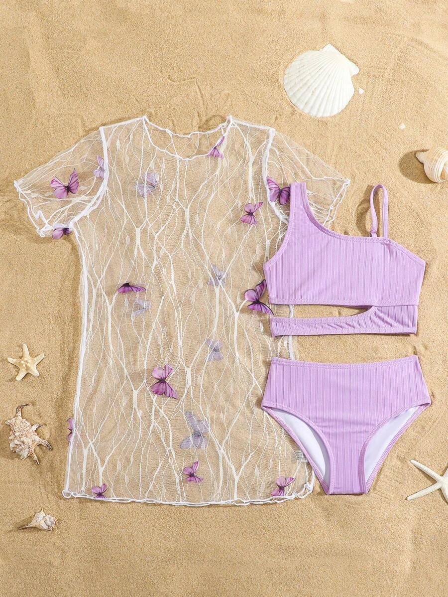 Young Girl Swimwear Set, Printed Pattern Randomly - Mauve Purple - View 1