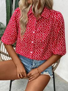 SHEIN LUNE Camisa de manga de linterna de ocio festivo con pequeño estampado floral