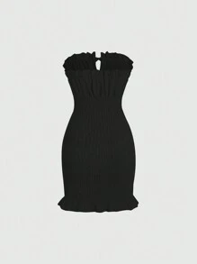 Sweetra Vestido Tubinho Feminino Sem Alças de Cor Sólida de Estilo Simples para Uso Diário - Preto - Visão 2