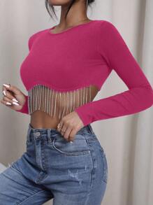 EURMUSE Rhinestone Fringe Hem Crop Sweater - Hot Pink - View 3