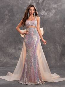 YISIKADO Vestido de noche elegante y formal para mujer con cuello corazón, espalda descubierta, lazo en la espalda, estilo sirena de tul y lentejuelas de lujo, ideal para graduación, cena