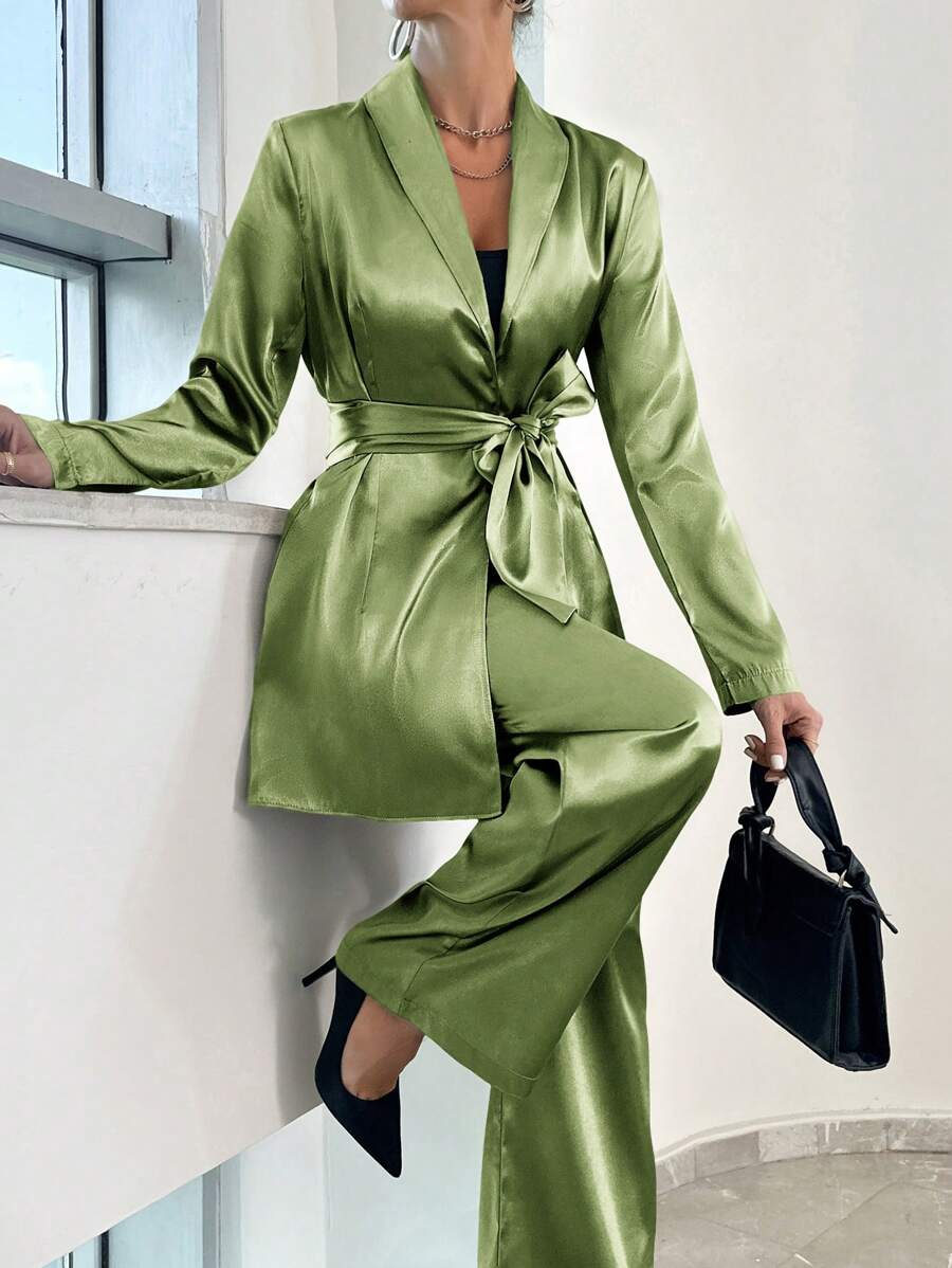 RueChic Women's Shiny Long Blazer And Pants Set - Khaki - View 1