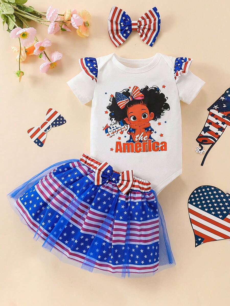 Atuendo versátil de estilo de princesa con diseño artístico de estrellas rayadas impresas para bebé niña con estilo moda - Multicolor - Ver 1