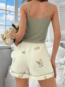 CottageSlumber Bộ đồ ngủ màu trơn mùa hè và quần short in hình cây dành cho nữ - Màu be - Xem 2