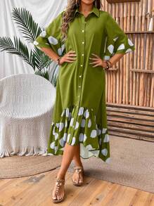 EMERY ROSE Women's Vacation Casual Polka Dot Printed Patchwork Front Button Dress Maxi Women Outfit - Green - View 3