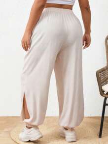 SHEIN Frenchy Plus Size Kỳ nghỉ Màu trơn Quần cắt xén thông thường có viền xẻ - Màu be - Xem 2