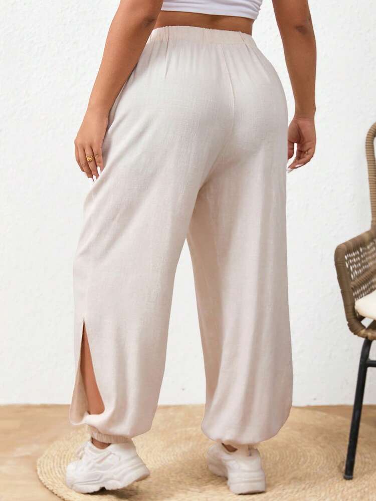 Plus Size Vacation Solid Color Casual Cropped Trousers With Split Hem
