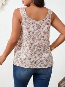 SHEIN Frenchy Plus Size Boho Summer New Floral Print Contrast Lace Tank Top