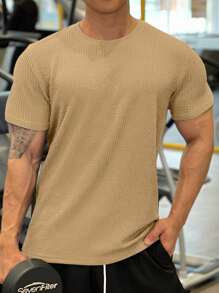 Manfinity Fitness Boyfriend Style Men's Simple Solid Color Short-Sleeved Sports T-Shirt - Khaki - View 3