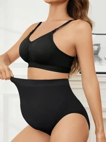 Ladies' Solid Color Gathered Simple Bra And Panties Set - Black - View 6