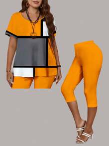 EMERY ROSE Conjunto de camiseta y leggings de talla grande para mujer, con bloqueo de color asimétrico y diseño de cuadrícula, para el verano