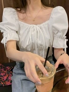 Women's Fashionable Sweet Summer Solid Color Smocked Waist Puff Sleeve Blouse