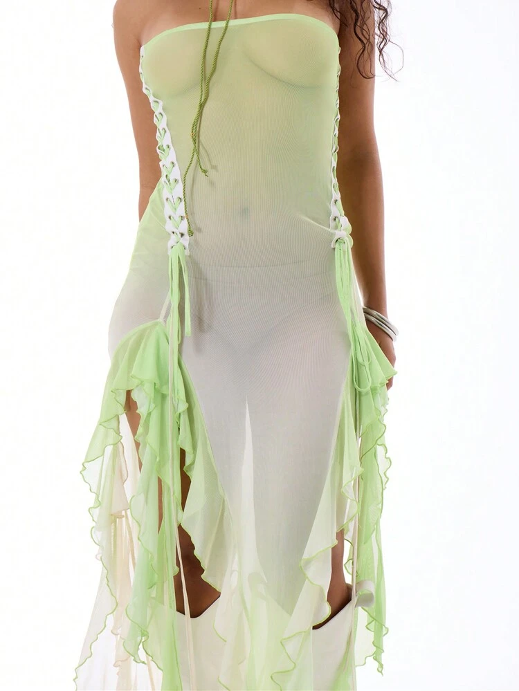 Mesh Lace Up Frill Detail Maxi Dress Ibiza Fits Boho Spring Vacation Summer Festival Pastel Sheer Long Dress